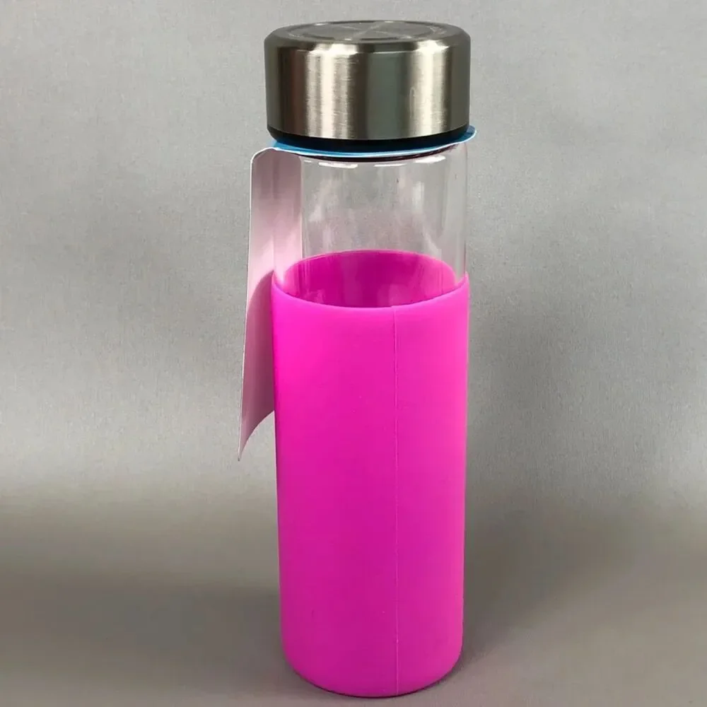 Living Solutions Pink BPA‑Free Glass Bottle • Silicone Sleeve • Leak‑Resistant